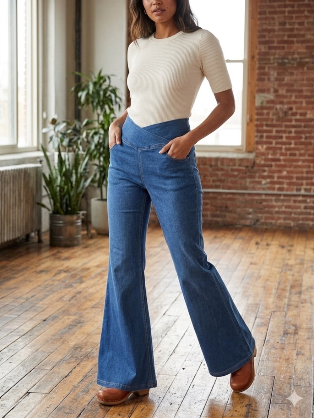 NWT Halara Crossover High Waisted Flare Jeans Medium Tall Lake Blue - Picture 1 of 12